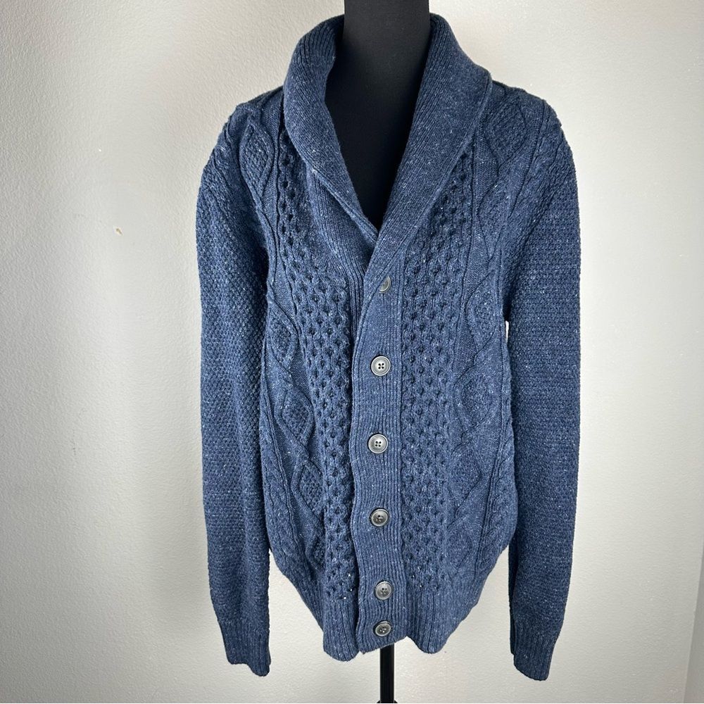 GAP Mens Cable Knit Button Up Chunky Blue Cardigan Shawl Collar Size Large NEW